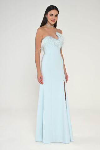 Straplez Üst Tüylü Asimetrik Kesim Krep Uzun Elbise AÇIK MAVİ - 40