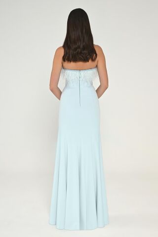 Straplez Üst Tüylü Asimetrik Kesim Krep Uzun Elbise AÇIK MAVİ - 40