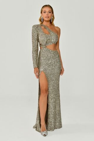 Tek Kol Önden Yırtmaçlı Payet Kumaş Uzun Elbise Bej - 42