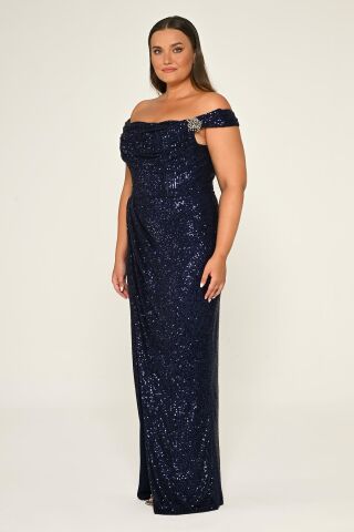 Düşük Omuz Önden Yırtmaçlı  Payet Uzun Elbise Lacivert - 44