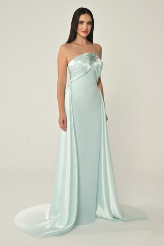 Straplez Göğüs Aksesuarlı Organze Kuyruklu Krep Uzun Elbise AÇIK MAVİ - 40