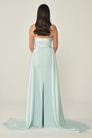 Straplez Göğüs Aksesuarlı Organze Kuyruklu Krep Uzun Elbise AÇIK MAVİ - 40