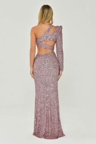 Tek Kol Önden Yırtmaçlı Payet Kumaş Uzun Elbise Pudra - 36