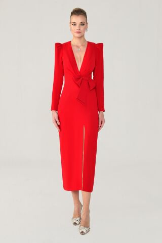 V Yaka Uzun Kollu Yırtmaçlı Uzun Elbise Kırmızı - 36