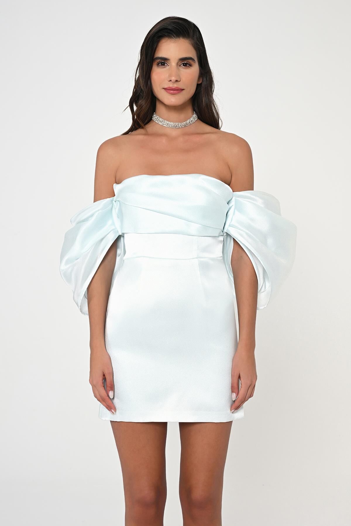 Düşük Balon Kol Straplez Kısa Saten Elbise MAVİ - 42