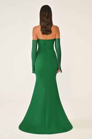 Straplez Kollu Balık Kesim Uzun Elbise Yeşil - 38