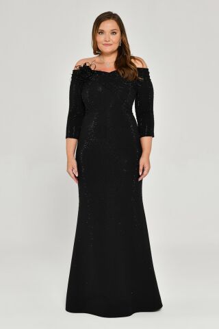 Düşük Omuz Çiçek Aksesuarlı Boncuklu Kumaş Uzun Elbise Siyah - 44