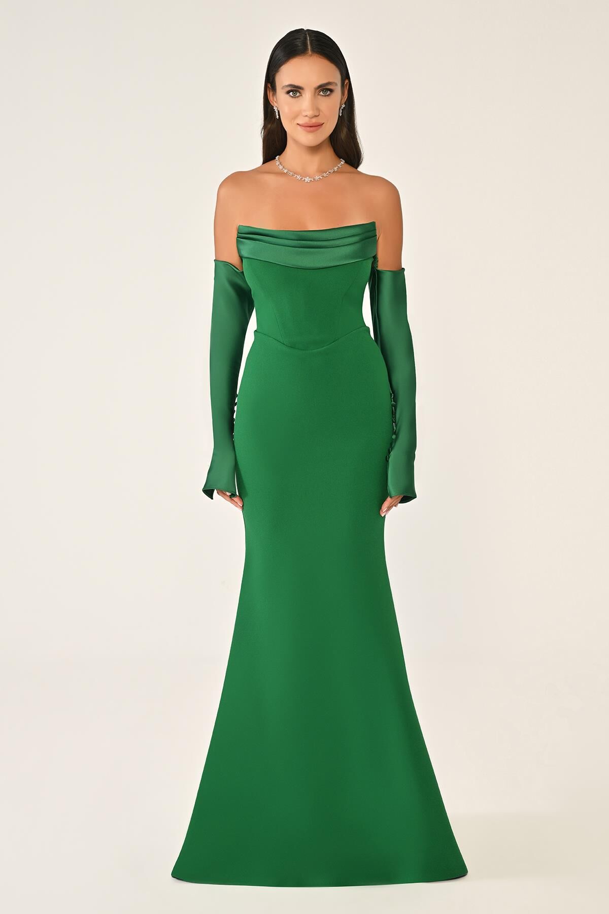 Straplez Kollu Balık Kesim Uzun Elbise Yeşil - 42