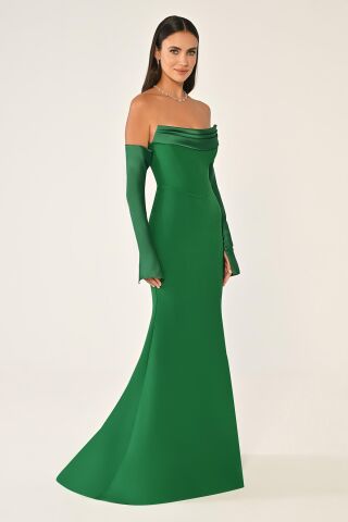Straplez Kollu Balık Kesim Uzun Elbise Yeşil - 42
