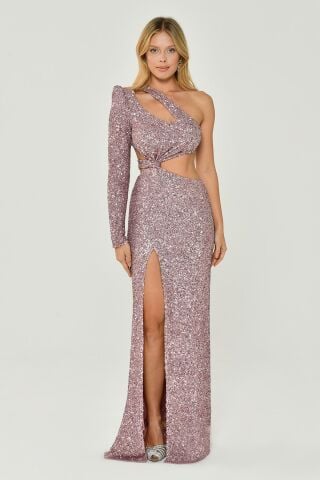 Tek Kol Önden Yırtmaçlı Payet Kumaş Uzun Elbise Pudra - 40