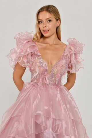 Tüy Boncuk İşlemeli Katlı Prenses Organze Kumaş Uzun Elbise Pudra - 36