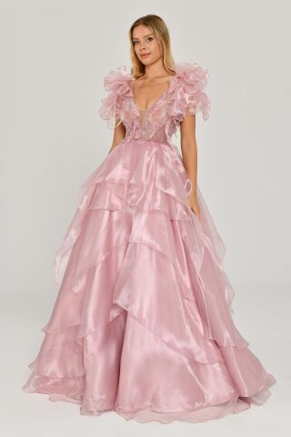 Tüy Boncuk İşlemeli Katlı Prenses Organze Kumaş Uzun Elbise Pudra - 36