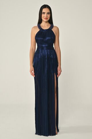 Sırt Dekolteli Parlak Şifon Uzun Elbise Lacivert - 36