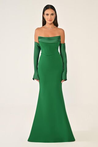 Straplez Kollu Balık Kesim Uzun Elbise Yeşil - 44