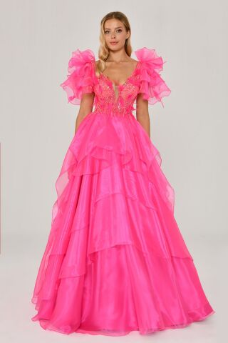 Tüy Boncuk İşlemeli Katlı Prenses Organze Kumaş Uzun Elbise AÇIK FUŞYA - 38