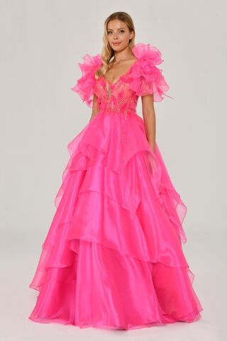 Tüy Boncuk İşlemeli Katlı Prenses Organze Kumaş Uzun Elbise AÇIK FUŞYA - 38