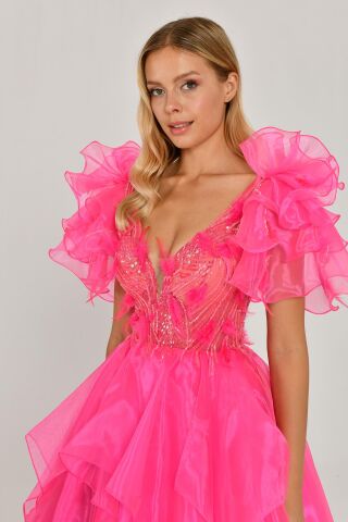 Tüy Boncuk İşlemeli Katlı Prenses Organze Kumaş Uzun Elbise AÇIK FUŞYA - 38