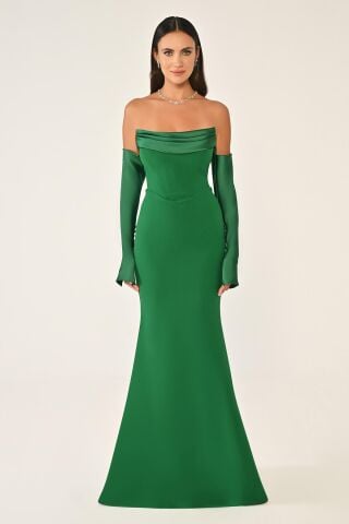 Straplez Kollu Balık Kesim Uzun Elbise Yeşil - 46