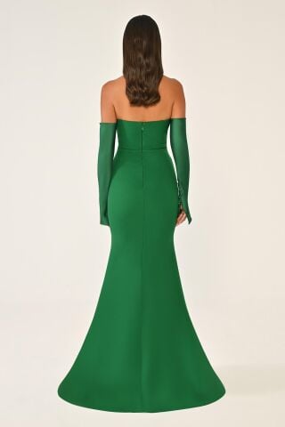 Straplez Kollu Balık Kesim Uzun Elbise Yeşil - 46
