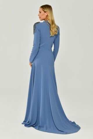 Uzun Kollu Derin V Yaka Apolet Aksesuarlı Krep Uzun Elbise İNDİGO - 42