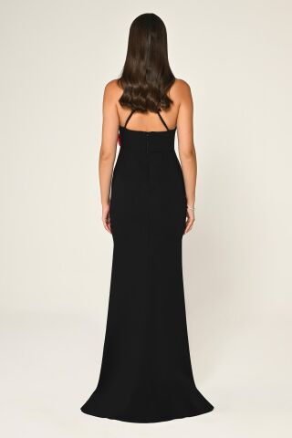 İnci Askılı Kalp Göğüs Çiçek Aksesuarlı Krep Uzun Elbise SİYAH / FUŞYA - 42