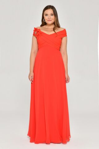 Düşük Omuz Drapeli Çiçek Aksesuarlı Şifon Uzun Elbise ORANGE - 42