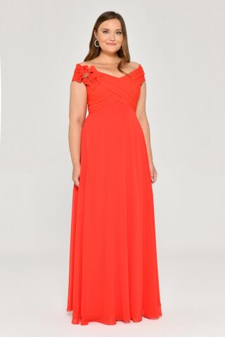 Düşük Omuz Drapeli Çiçek Aksesuarlı Şifon Uzun Elbise ORANGE - 42