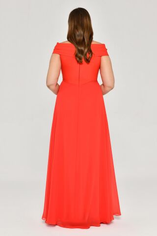 Düşük Omuz Drapeli Çiçek Aksesuarlı Şifon Uzun Elbise ORANGE - 42