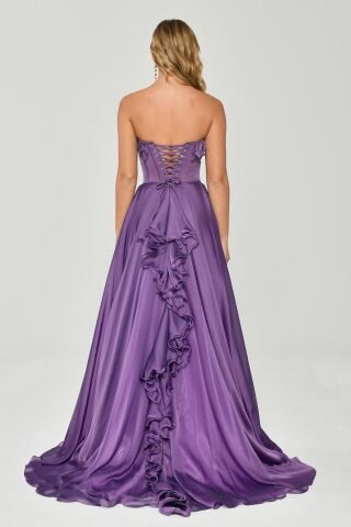 Straplez Fırfırlı Çift Yırtmaçlı Şifon Uzun Elbise Lila - 42