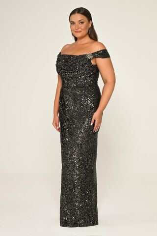 Düşük Omuz Önden Yırtmaçlı  Payet Uzun Elbise SİYAH / ANTRASİT - 46