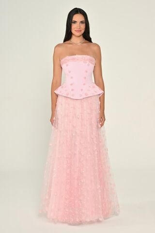 Straplez Eteği Payetli Tül Uzun Elbise