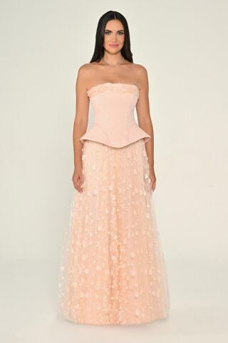 Straplez Eteği Payetli Tül Uzun Elbise