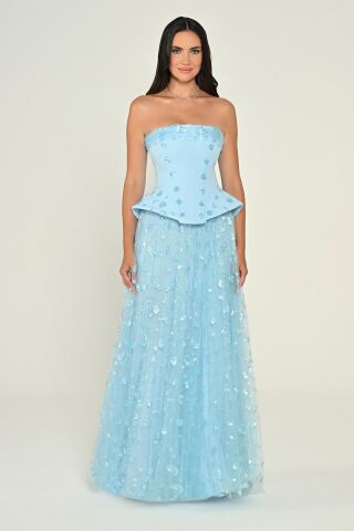 Straplez Eteği Payetli Tül Uzun Elbise