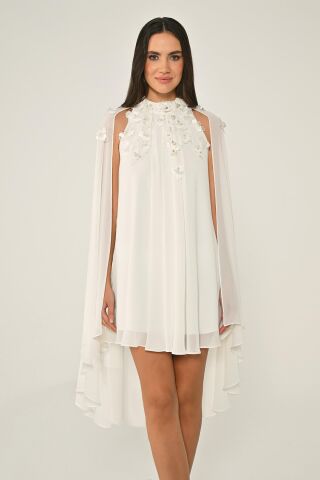 Blumen Accessoire Cape Chiffon Kurzes Kleid Weiß - 42