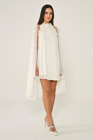 Blumen Accessoire Cape Chiffon Kurzes Kleid Weiß - 42