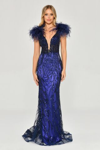 Omzu Otrişli Taşlı Uzun Elbise Mor - 36