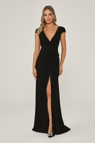 Deep V-Neck Crepe Long Dress With Front Draped Tail