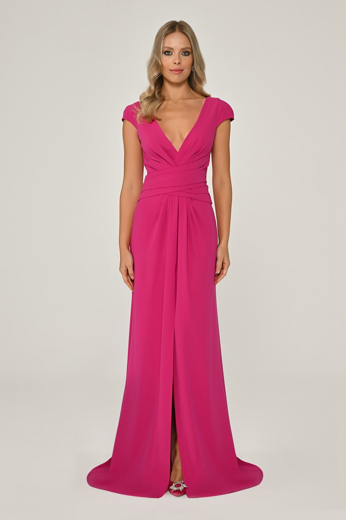 Deep V-Neck Crepe Long Dress With Front Draped Tail