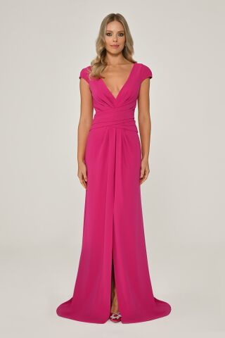 Deep V-Neck Crepe Long Dress With Front Draped Tail