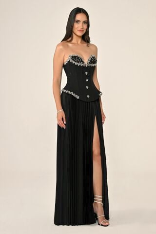 Straplez Taşlı Üst Krep Eteği Saten Pileli Uzun Elbise Siyah - 36