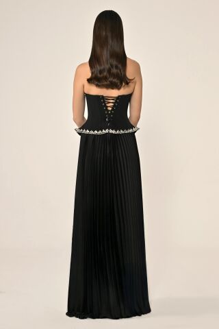 Straplez Taşlı Üst Krep Eteği Saten Pileli Uzun Elbise Siyah - 36