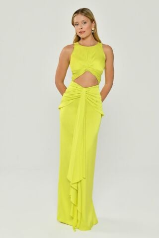 Sleeveless Satin Evening Dress with Gathered Waist and Window Detail