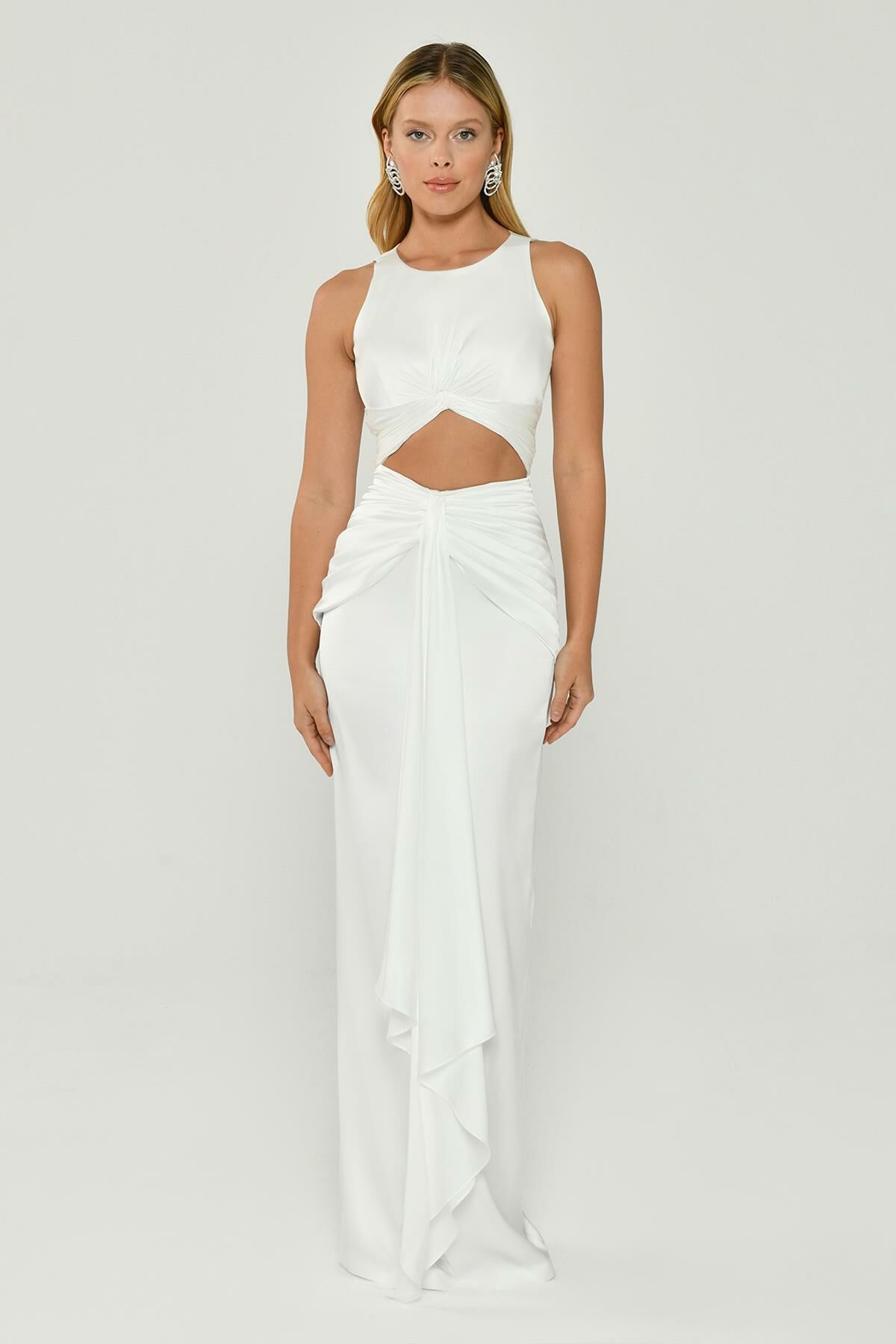 Sleeveless Satin Evening Dress with Gathered Waist and Window Detail