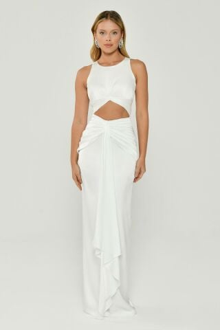 Sleeveless Satin Evening Dress with Gathered Waist and Window Detail