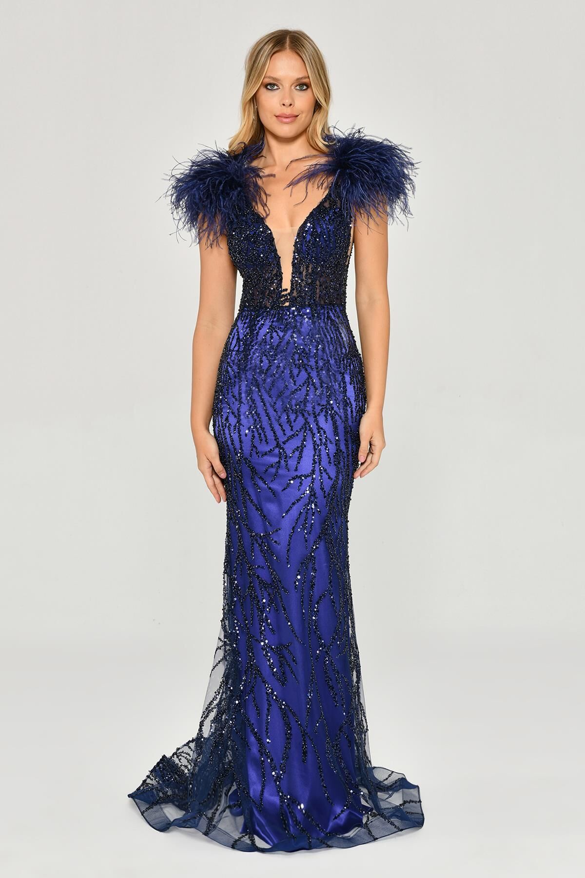 Omzu Otrişli Taşlı Uzun Elbise Mor - 44