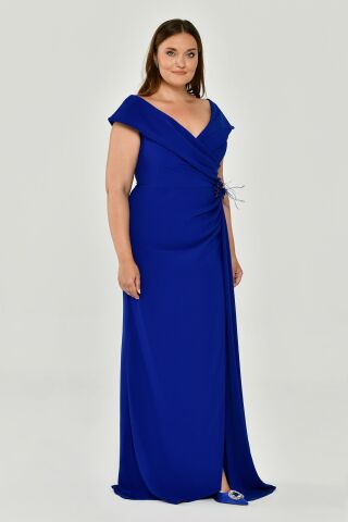 V Yaka Yırtmaçlı Krep Uzun Elbise SAKS - 42