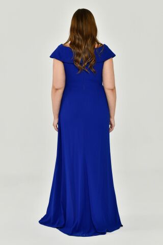 V Yaka Yırtmaçlı Krep Uzun Elbise SAKS - 42