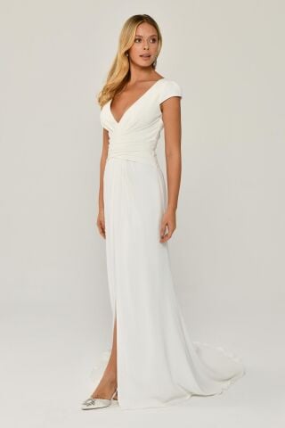 Derin V Yaka Önden Drapeli Kuyrukluı Krep Uzun Elbise Beyaz - 38