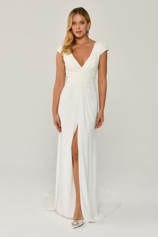 Derin V Yaka Önden Drapeli Kuyrukluı Krep Uzun Elbise Beyaz - 38