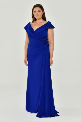 V Yaka Yırtmaçlı Krep Uzun Elbise SAKS - 44